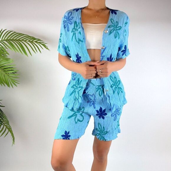 Vintage 90s Beachy Floral Retro Blue Coastal Summer Co-ord Set / Size: Large - Picture 4 of 7